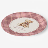 Vintage Pink Tartan Teddy Bear Baby Shower Pappteller (Schrägansicht)