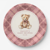 Vintage Pink Tartan Teddy Bear Baby Shower Pappteller (Vorderseite)