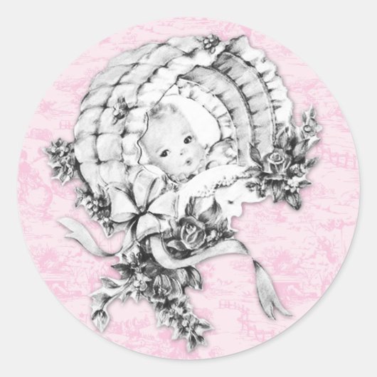 Vintage Pink Toile Baby Shower Stickers (Vorderseite)