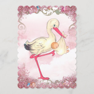 Vintage Pinkter Storch-Baby-Party Einladung