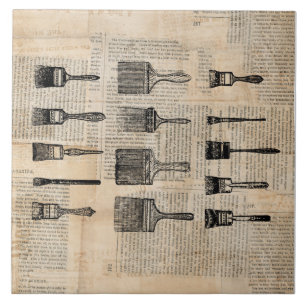 Vintage Pinsel Paint Brush Zeitung Print Fliese