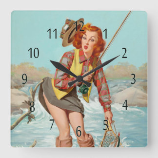 vintage pinup girl wall clock, gone fishing quadratische wanduhr
