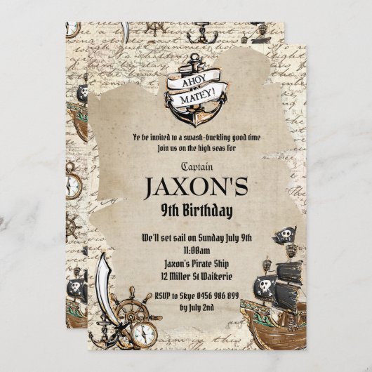 Vintage Pirate Birthday Party Ahoy Matey Alte Kart Einladung (Vorne/Hinten)