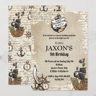 Vintage Pirate Birthday Party Ahoy Matey Alte Kart Einladung