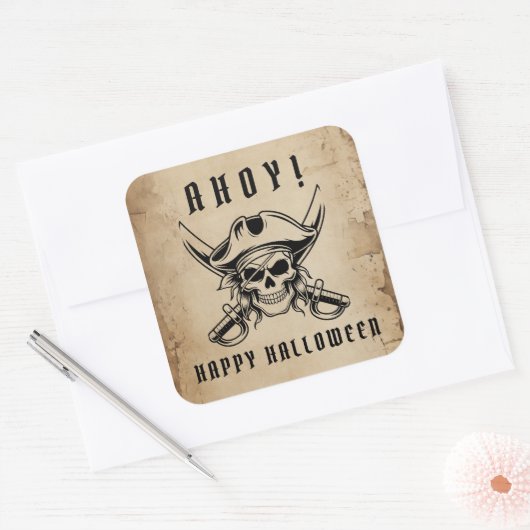 Vintage Pirate Skull Halloween   Quadratischer Aufkleber (Umschlag)