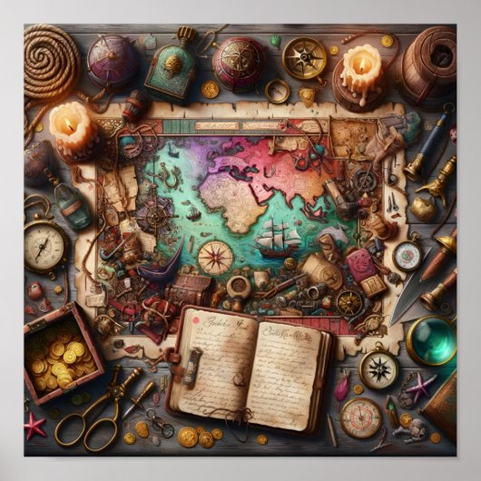Vintage Pirate Treasure Map Explorer Poster Print (Vorne)