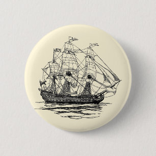 Vintage-Piraten-Galleone, Skizze eines 74-Kanonen- Button