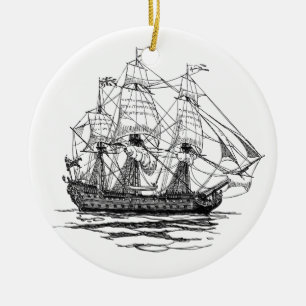 Vintage-Piraten-Galleone, Skizze eines 74-Kanonen- Keramik Ornament