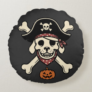 Vintage Piratenhund Halloween Totenkopf und Kreuzk Rundes Kissen