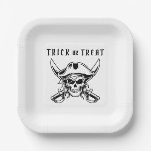 Vintage-Piratenschädel-Süßes-oder-Saures-Halloween Pappteller
