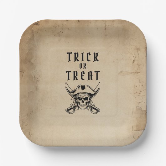 Vintage-Piratenschädel-Süßes-oder-Saures-Halloween Pappteller (Vorderseite)