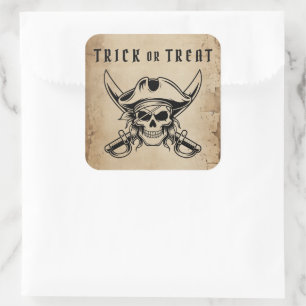 Vintage-Piratenschädel-Süßes-oder-Saures-Halloween Quadratischer Aufkleber