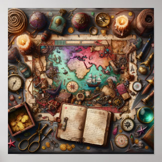 Vintage-Piratenschatzkarte-Explorerposter-Druck Poster