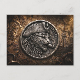 Vintage-Piratzen-Koffer-Nickel-Münze Postkarte