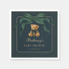 Vintage Plaid Tartan Teddy Bear Green Bow Serviette