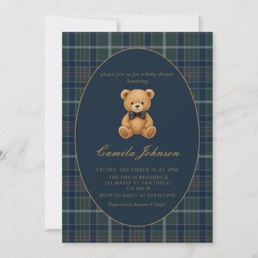 Vintage Plaid Teddy Bear Baby Shower Invitation Einladung (Vorderseite)