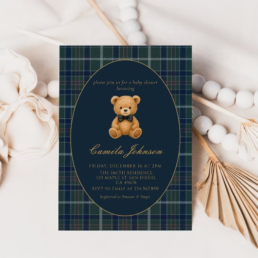 Vintage Plaid Teddy Bear Baby Shower Invitation Einladung