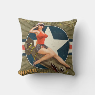 Vintage Plakat mit Pin-up-Girl auf Bombe. abstrakt Kissen