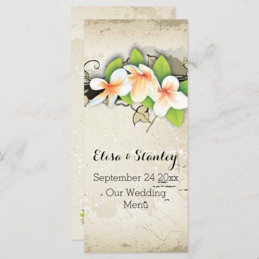 Vintage Plumeria & Efeu beige Hochzeitskarte Menükarte (Vorne/Hinten)