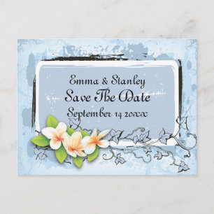 Vintage Plumeria Efeu blau weiß Save the Date Ankündigungspostkarte