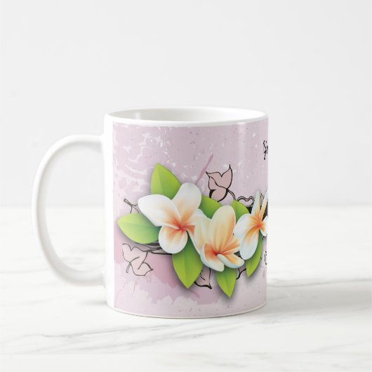Vintage Plumeria/frangipani und Efeu, rosa Tasse (Links)