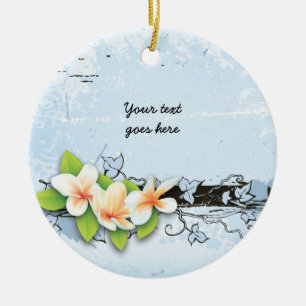 Vintage Plumeria und Efeu blaues Grunge-Ornament Keramikornament