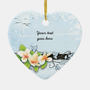 Vintage Plumeria und Efeu blaues Grunge-Ornament Keramikornament