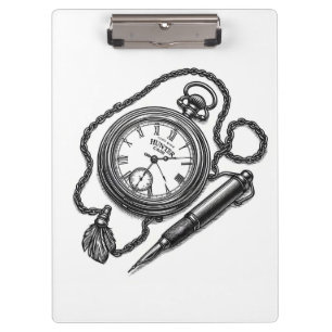 Vintage Pocket Watch & Pen Sketch Kunst Klemmbrett