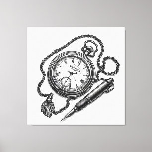 Vintage Pocket Watch & Pen Sketch Kunst Leinwanddruck
