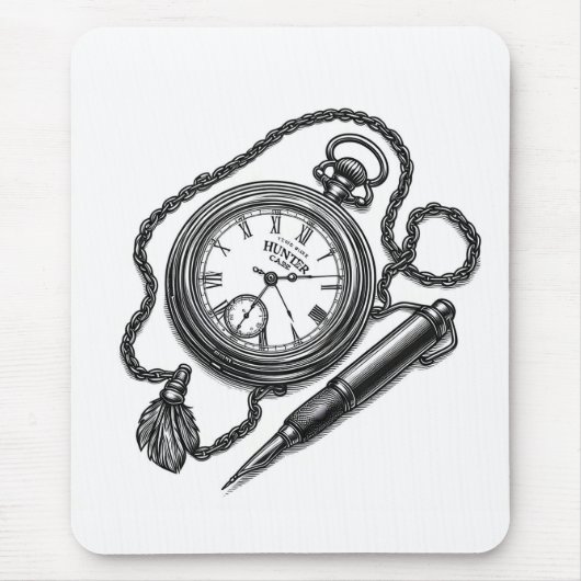 Vintage Pocket Watch & Pen Sketch Kunst Mousepad (Vorne)
