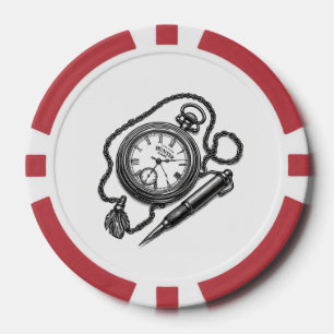 Vintage Pocket Watch & Pen Sketch Kunst Pokerchips