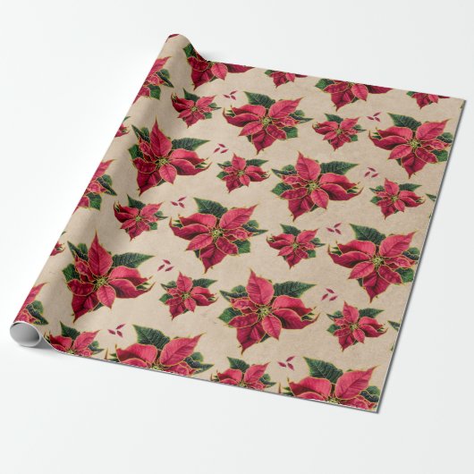 Vintage Poinsettia Gold-Kontur Geschenkpapier (Ungerollt)