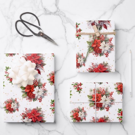 Vintage Poinsettias und Weihnachtsweiße Geschenkpapier Set (Vorderseite)