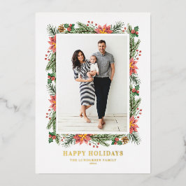 Vintage Poinsettien und Kiefernnähte Foto Folien Feiertagskarte