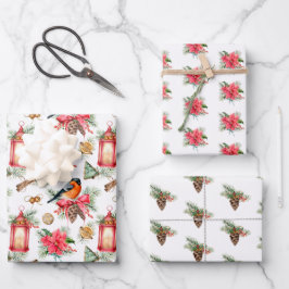 Vintage Poinsettien, Vögel und Pinecones Geschenkpapier Set