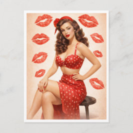 Vintage Polka Dot Pin-Up Postcard – Retro Glam Red Feiertagspostkarte