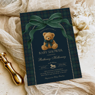 Vintage-Polo-Teddybär-Grün-Karo-Baby-Party Einladung