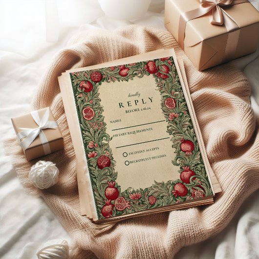 Vintage Pomegranate Garden Wedding RSVP Karte