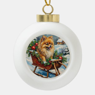 Vintage-Pomeranian in hölzernem Weihnachtsschlitte Keramik Kugel-Ornament