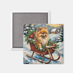 Vintage-Pomeranian in hölzernem Weihnachtsschlitte Magnet