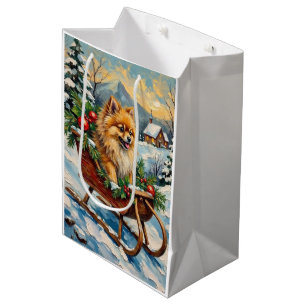 Vintage-Pomeranian in hölzernem Weihnachtsschlitte Mittlere Geschenktüte