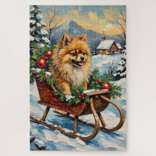 Vintage Pomeranian in Wooden Christmas Sleigh Puzzle (Vertikal)