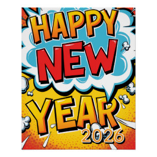 Vintage-Pop-Art-Frohes-Neujahr-Comic-Style-Plakat Poster