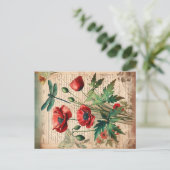 Vintage Poppies & Dragonfly Botanische Ephemera Postkarte (Stehend Vorderseite)