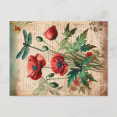 Vintage Poppies & Dragonfly Botanische Ephemera Postkarte (Vorderseite)