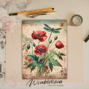 Vintage Poppies & Dragonfly Botanische Ephemera Postkarte