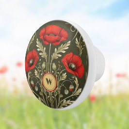 Vintage Poppies Gold Red Art Nouveau Monogram Keramikknauf