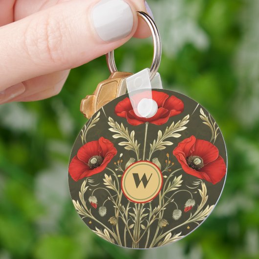 Vintage Poppies Gold Red Art Nouveau Monogram Schlüsselanhänger