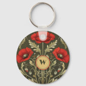 Vintage Poppies Gold Red Art Nouveau Monogram Schlüsselanhänger (Vorderseite)