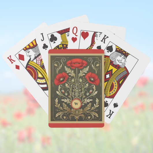 Vintage Poppies Gold Red Art Nouveau Monogram Spielkarten